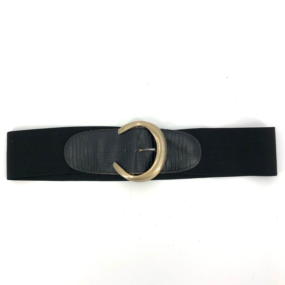 Vintage Pearl USA Black Wide Stretch Belt Womens M Large Gold Buckle Capsule